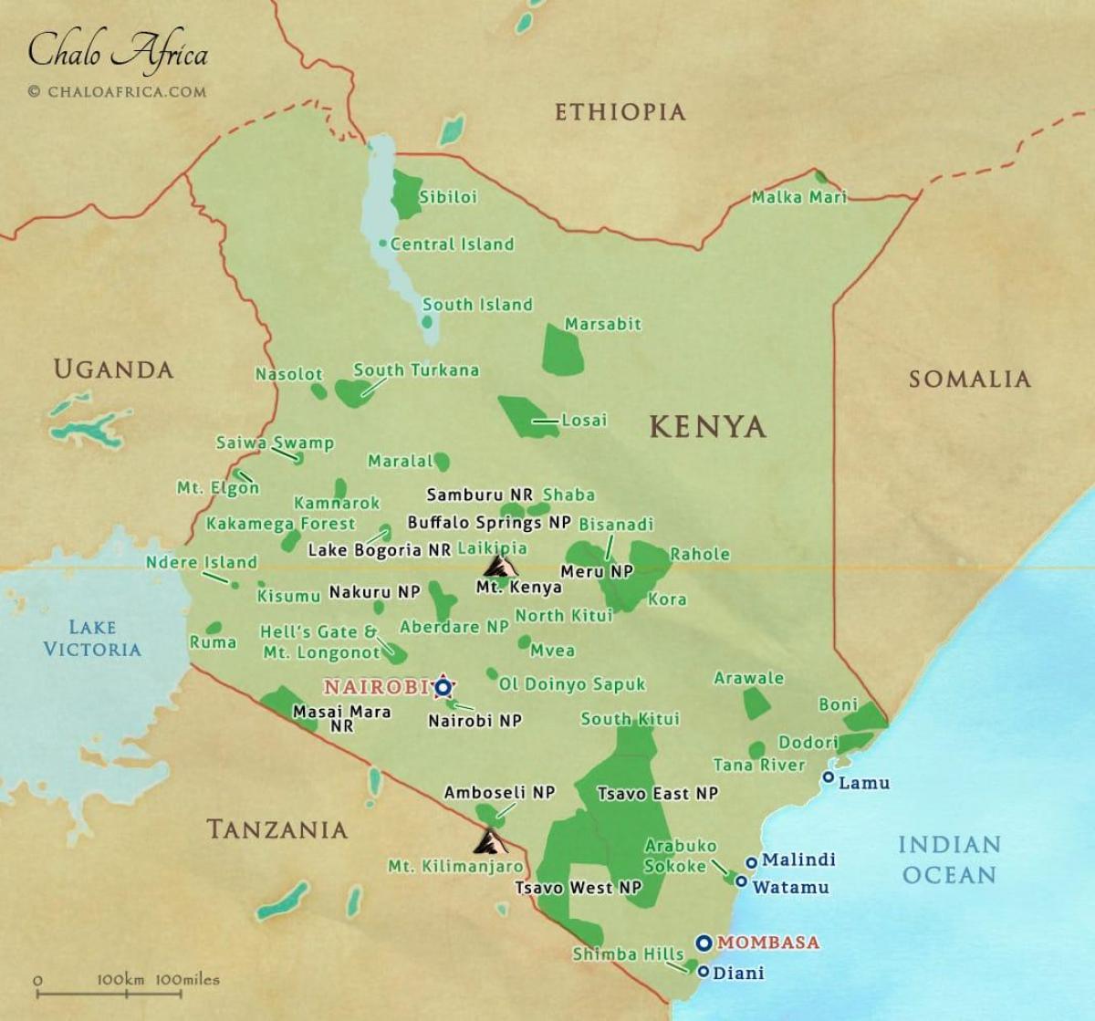 kort Kenyas nationalparker og reservater