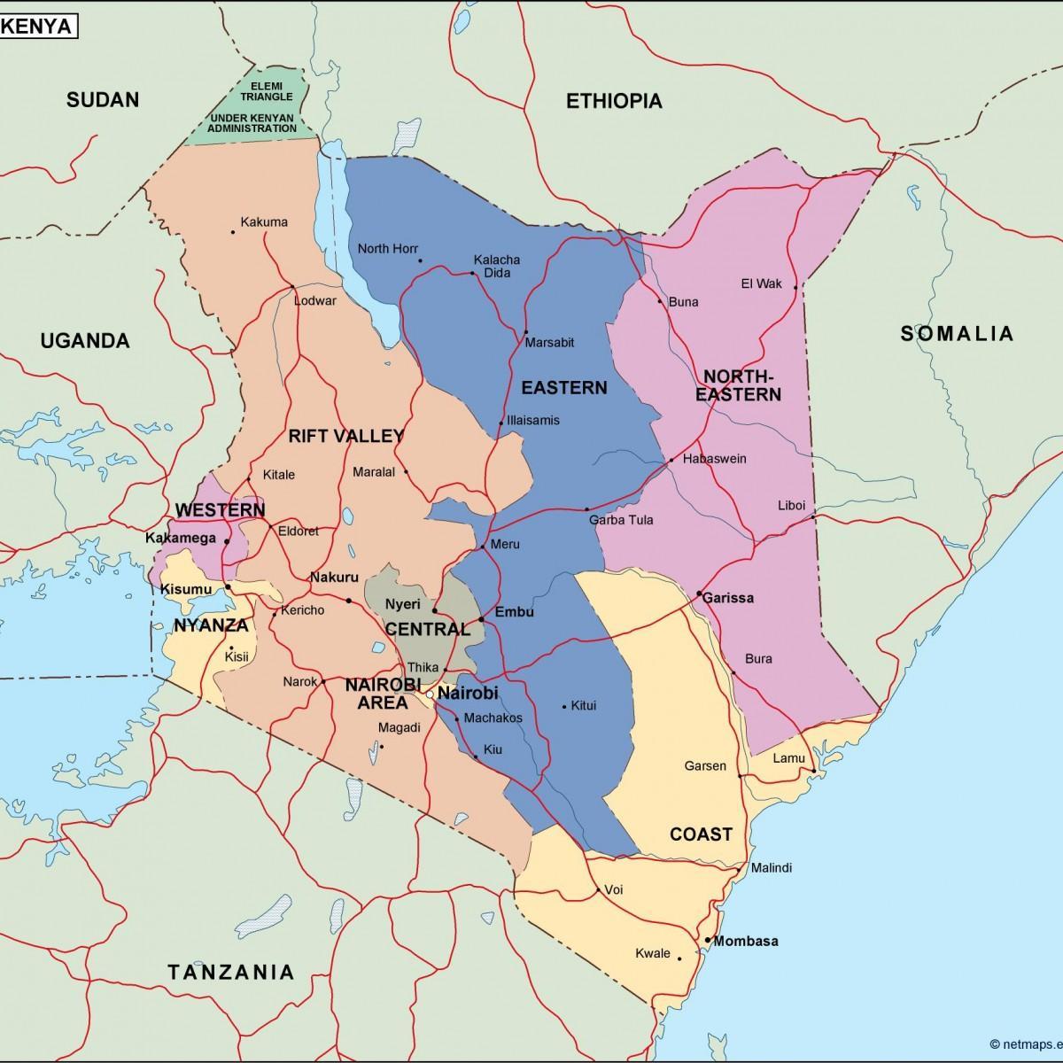 kort over politiske kort i Kenya